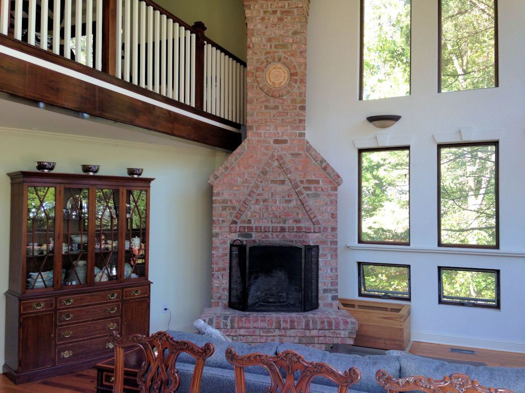 First-floor great room with brick fireplace