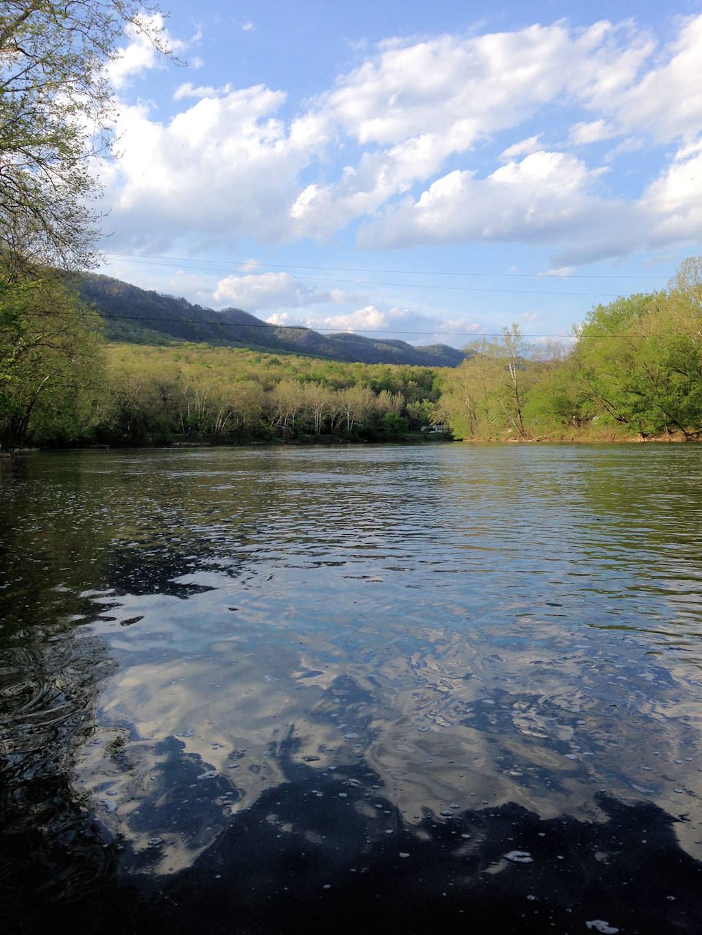 Shenandoah River flowing downstream between green banks